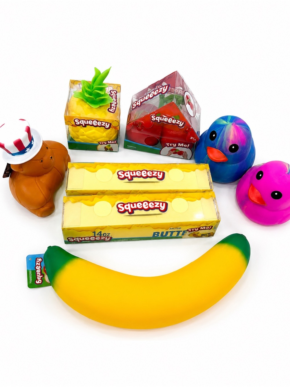 Squeeezy Lot of 8 Squishies Banana Ducks Butter Pineapple Cherry Bear